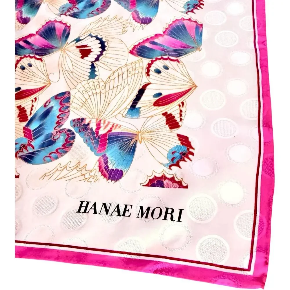 Hanae Mori Butterfly Silk Scarf 35x35 Signature Print 1970s Japan Hand Rolled